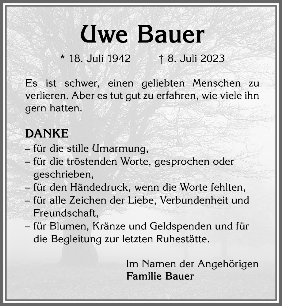 Traueranzeige von Uwe Bauer von Memminger Zeitung