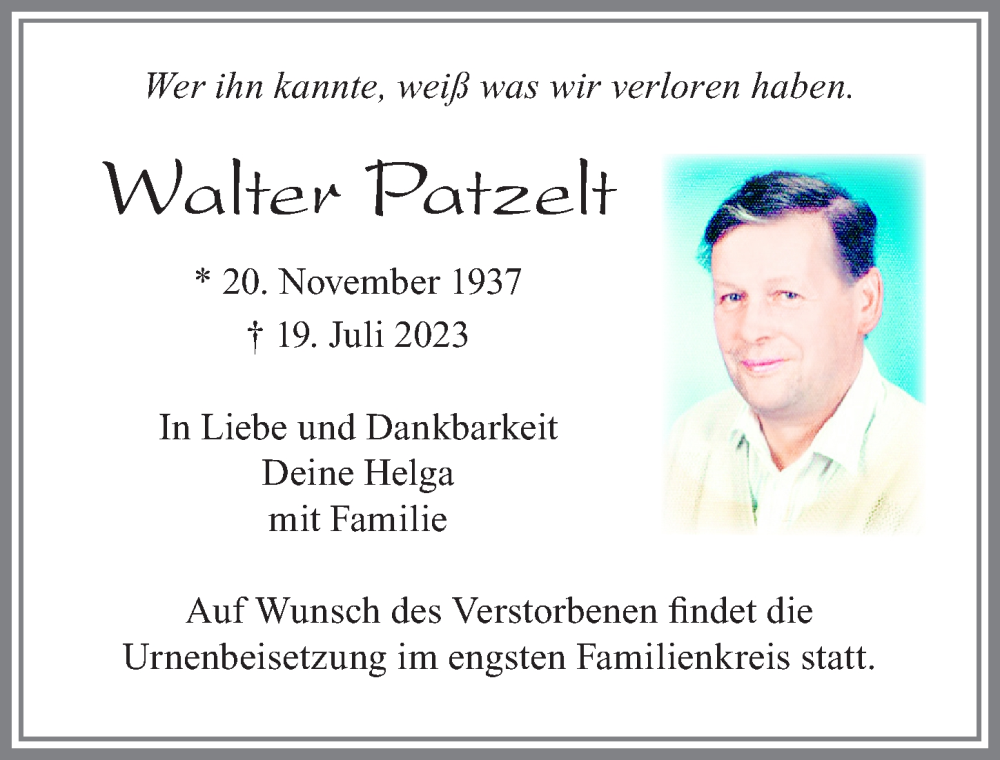 Traueranzeige von Walter Patzelt von Allgäuer Zeitung, Marktoberdorf