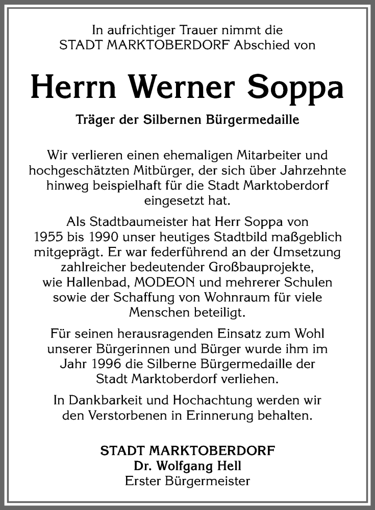 Traueranzeige von Werner Soppa von Allgäuer Zeitung, Marktoberdorf