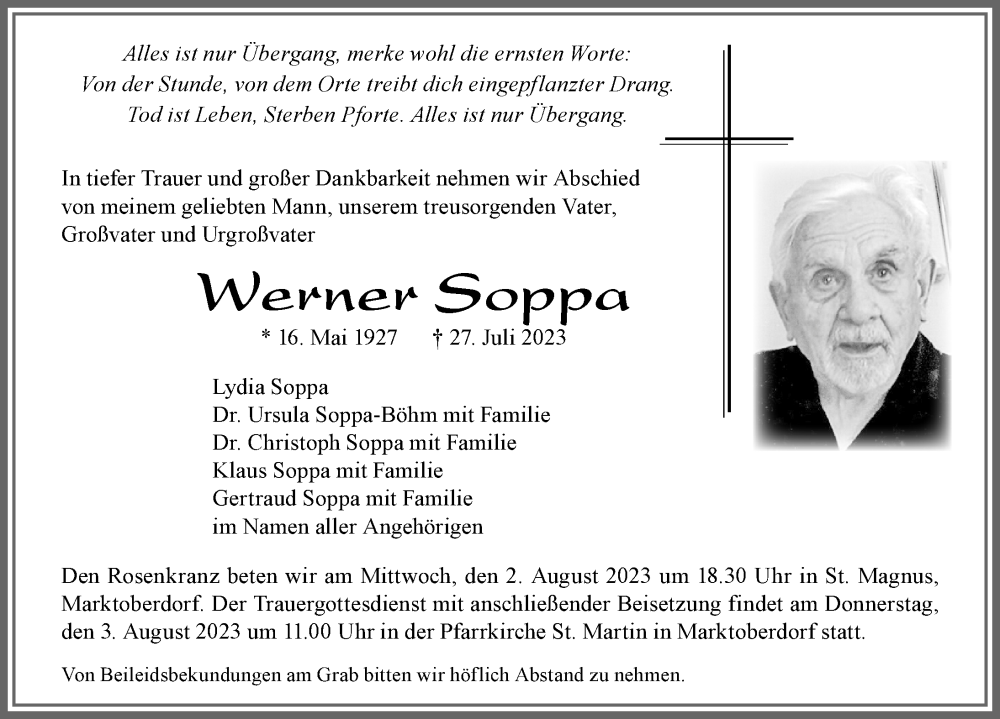  Traueranzeige für Werner Soppa vom 29.07.2023 aus Allgäuer Zeitung, Marktoberdorf