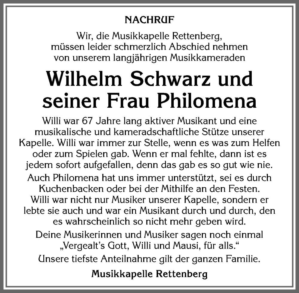 Traueranzeige von Wilhelm Schwarz von Allgäuer Anzeigeblatt