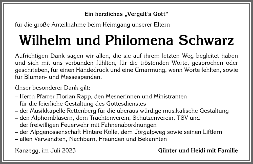 Traueranzeige von Wilhelm und Philomena Schwarz von Allgäuer Anzeigeblatt