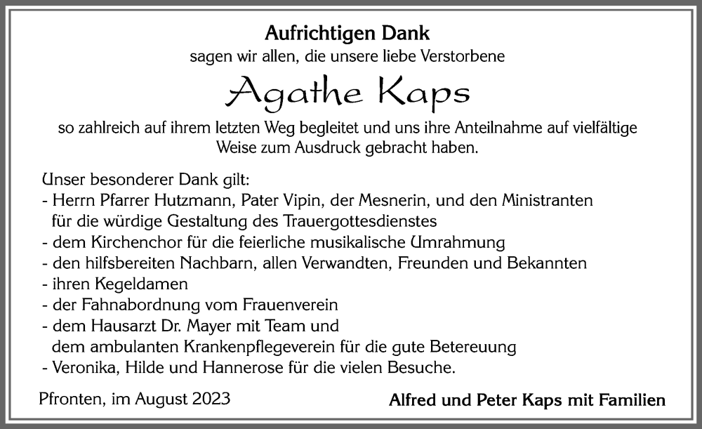 Traueranzeige von Agathe Kaps von Allgäuer Zeitung, Füssen