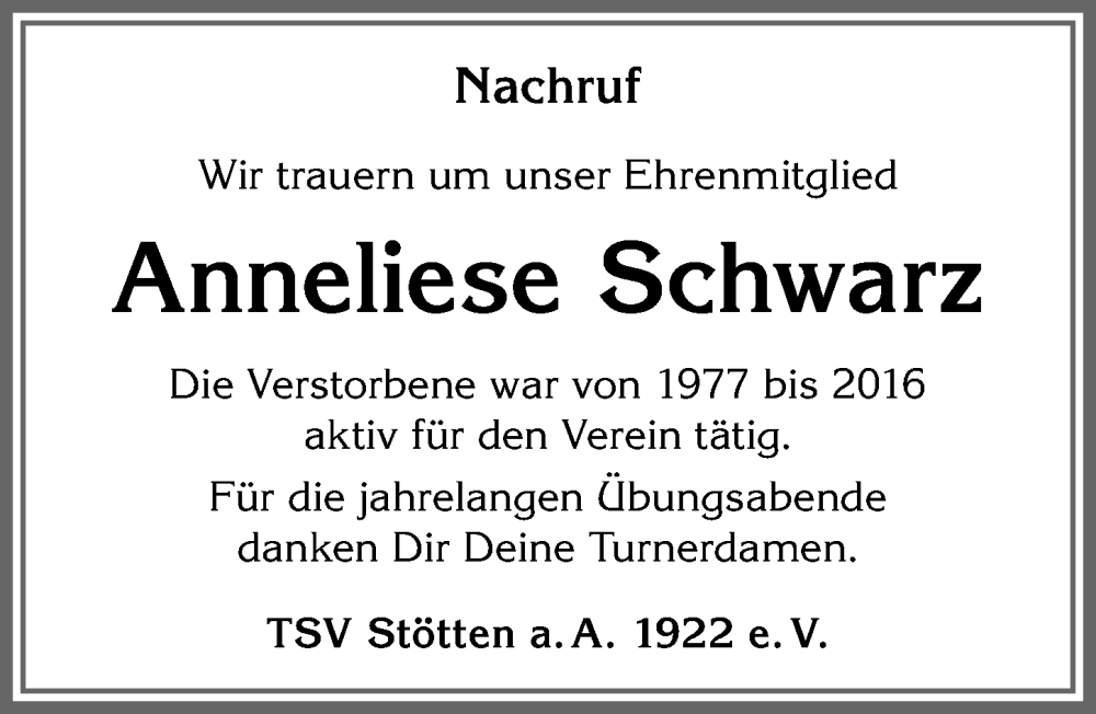 Traueranzeige von Anneliese Schwarz von Allgäuer Zeitung, Marktoberdorf