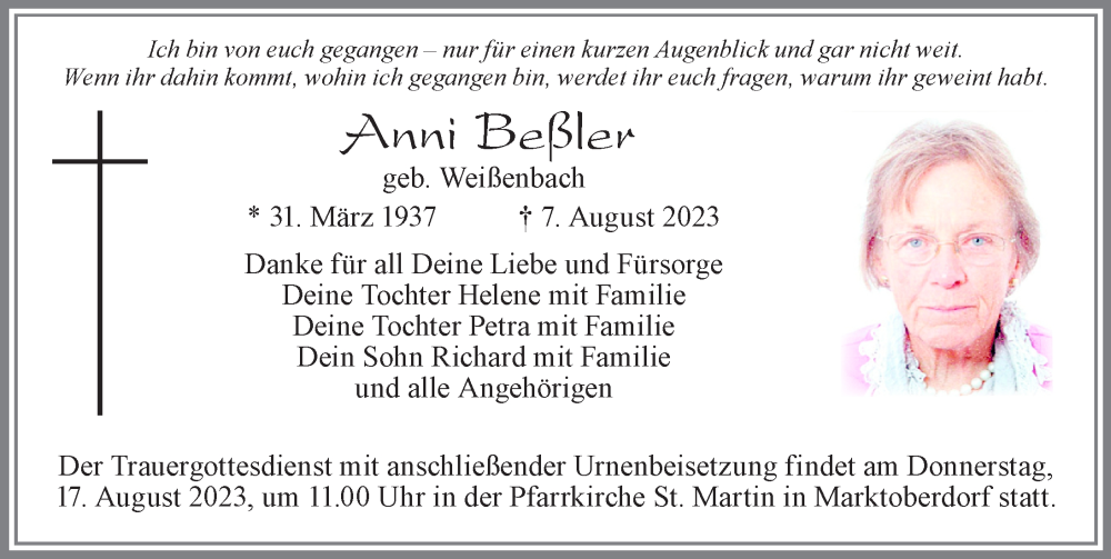 Traueranzeige von Anni Beßler von Allgäuer Zeitung, Marktoberdorf