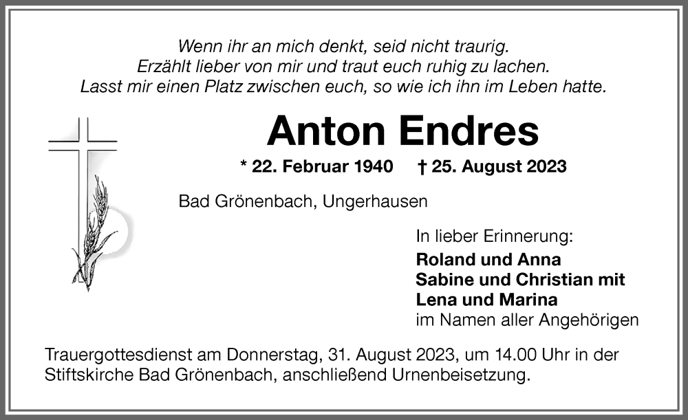 Traueranzeige von Anton Endres von Allgäuer Zeitung,Kempten