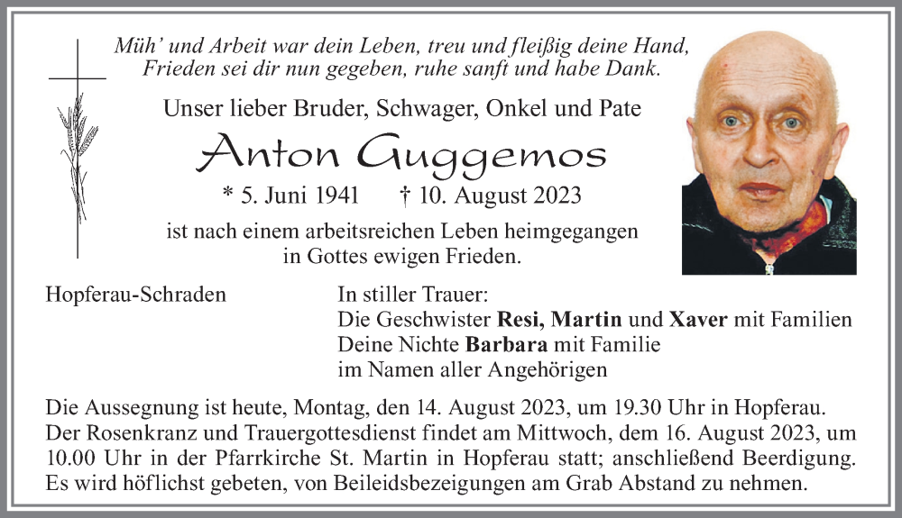 Traueranzeige von Anton Guggemos von Allgäuer Zeitung, Füssen