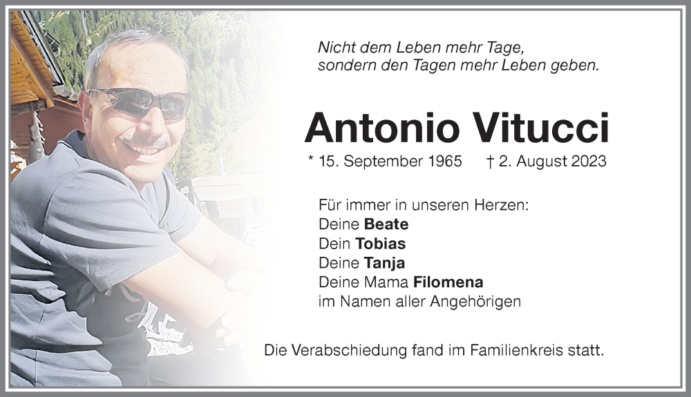 Traueranzeige von Antonio Vitucci von Memminger Zeitung