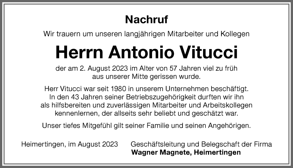 Traueranzeige von Antonio Vitucci von Memminger Zeitung