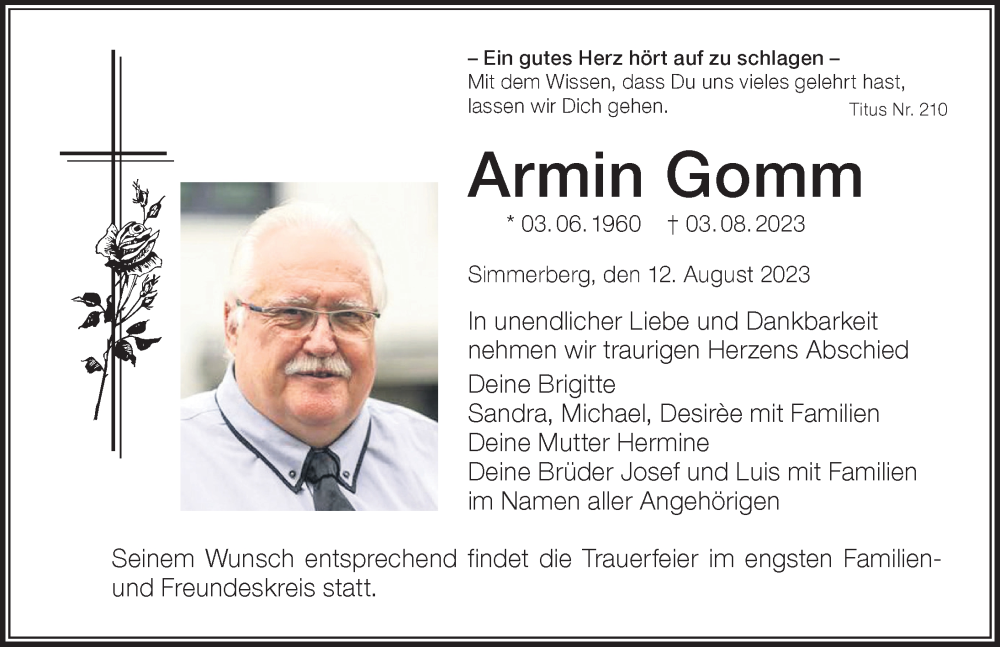 Traueranzeige von Armin Gomm von Der Westallgäuer