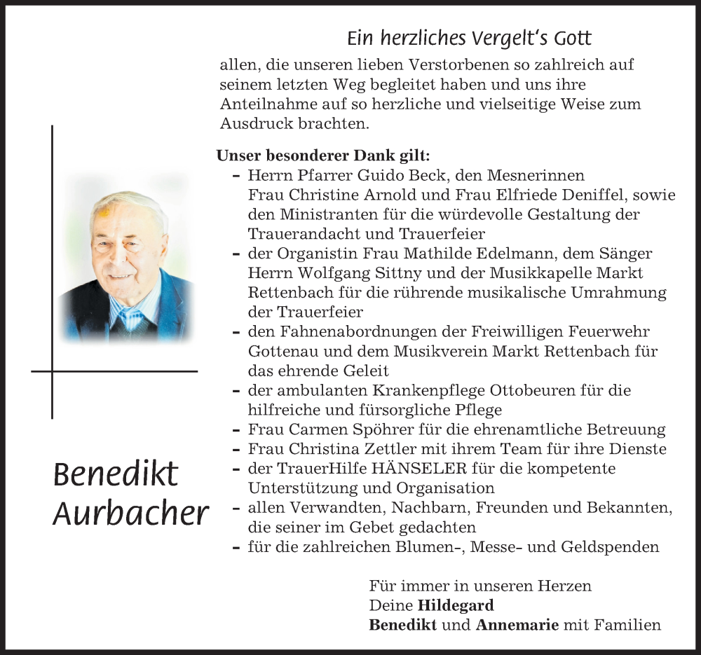 Traueranzeige von Benedikt Aurbacher von Memminger Zeitung