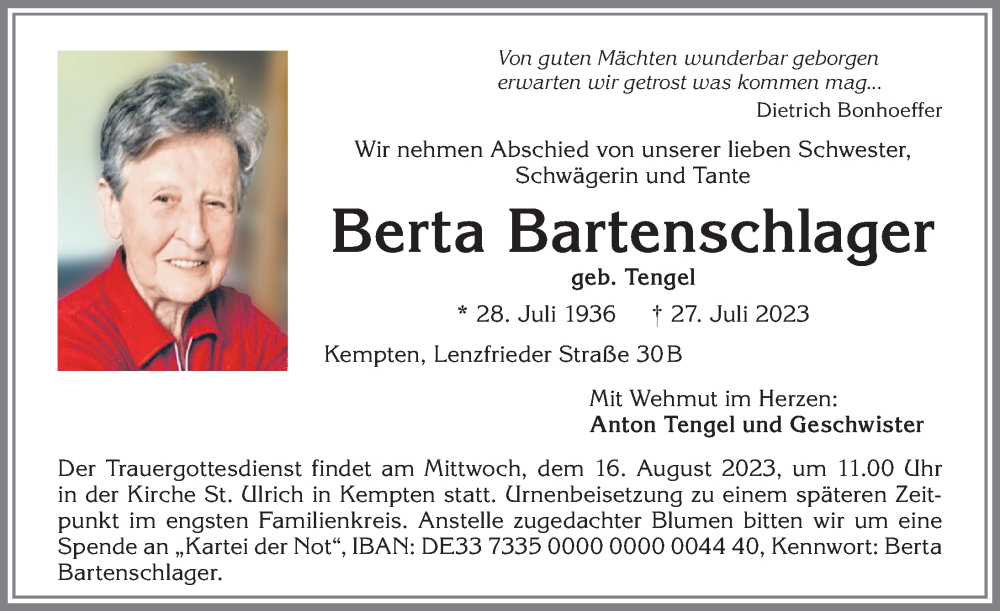 Traueranzeige von Berta Bartenschlager von Allgäuer Anzeigeblatt