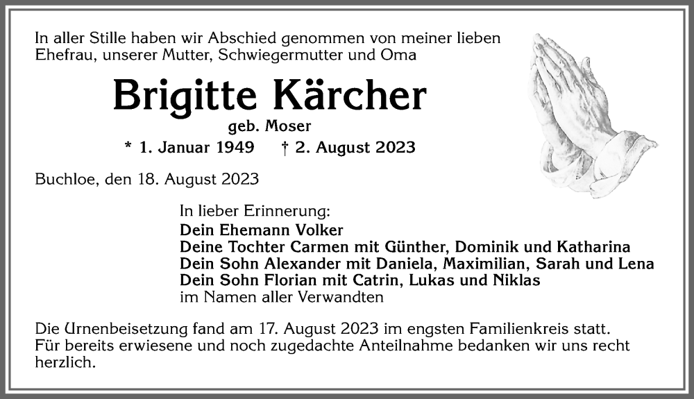 Traueranzeige von Brigitte Kärcher von Allgäuer Zeitung, Kaufbeuren/Buchloe