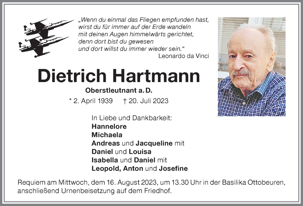 Traueranzeige von Dietrich Hartmann von Memminger Zeitung