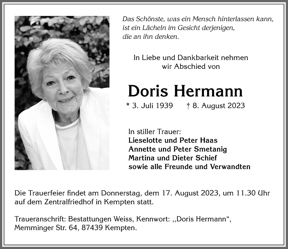 Traueranzeige von Doris Hermann von Allgäuer Zeitung,Kempten