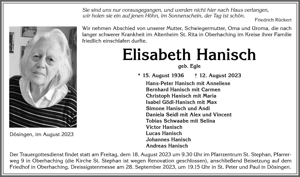 Traueranzeige von Elisabeth Hanisch von Allgäuer Zeitung, Kaufbeuren/Buchloe