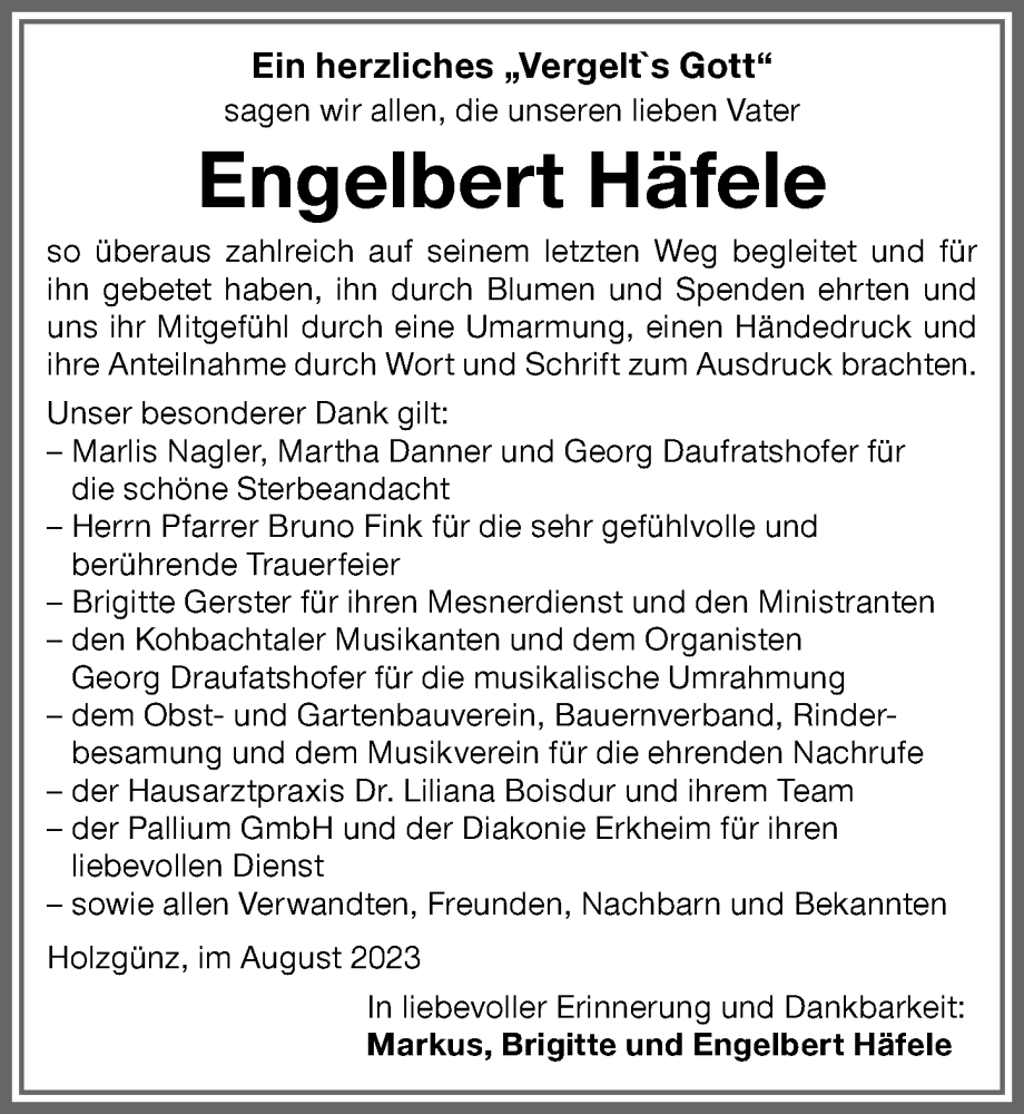 Traueranzeige von Engelbert Häfele von Memminger Zeitung