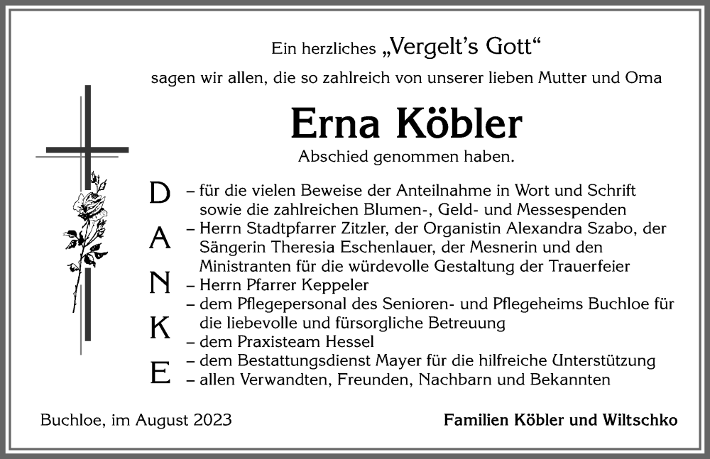 Traueranzeige von Erna Köbler von Allgäuer Zeitung, Kaufbeuren/Buchloe