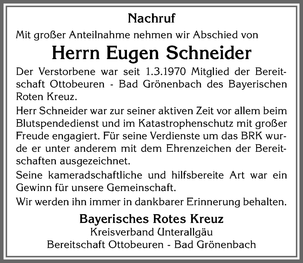 Traueranzeige von Eugen Schneider von Memminger Zeitung