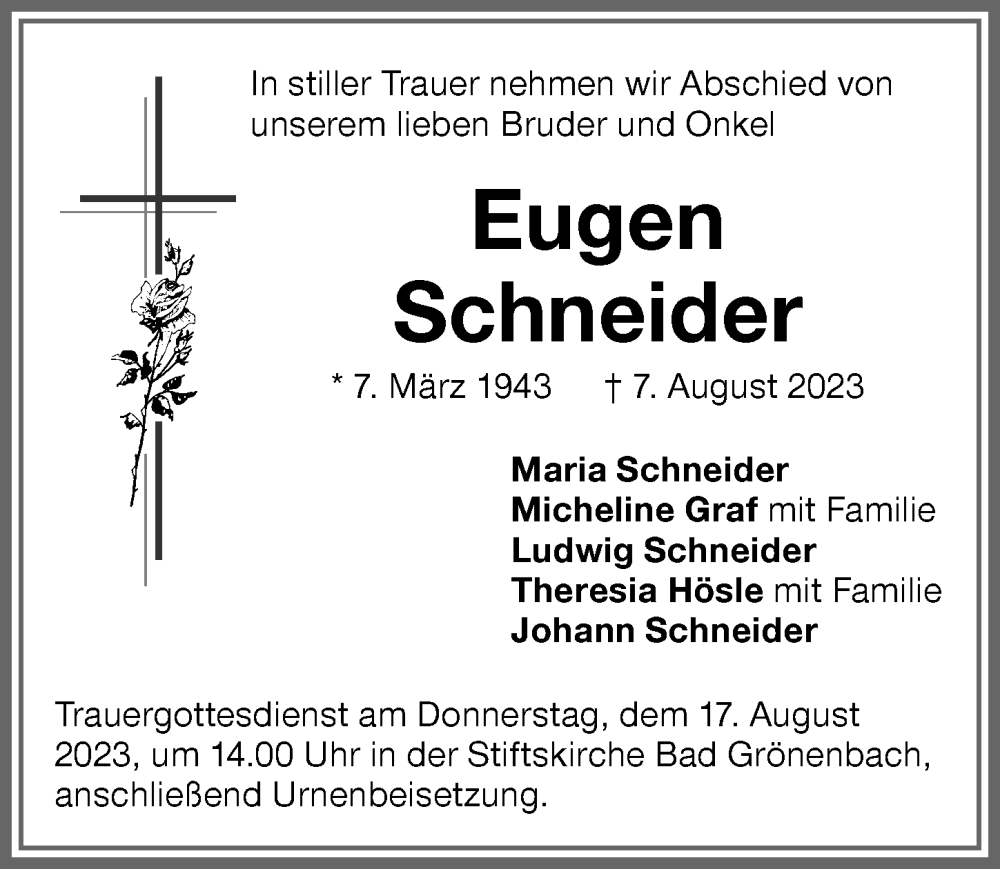 Traueranzeige von Eugen Schneider von Memminger Zeitung