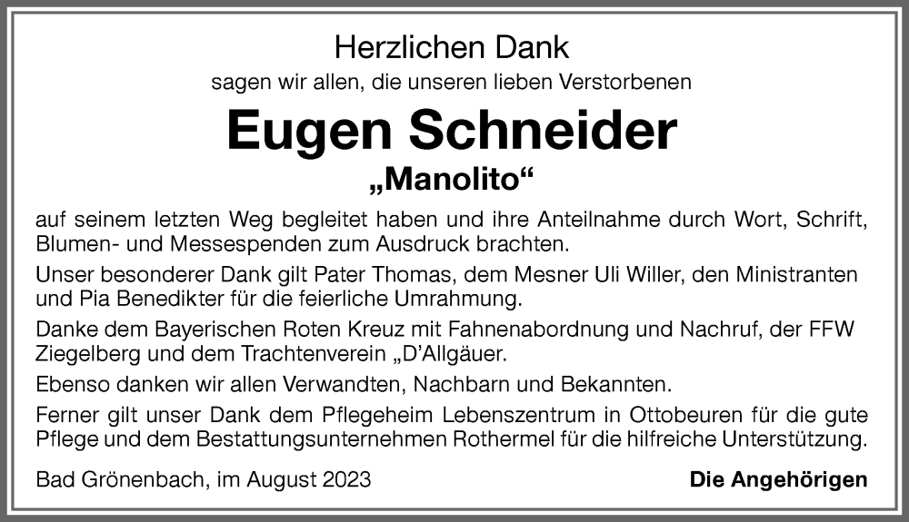 Traueranzeige von Eugen Schneider von Memminger Zeitung