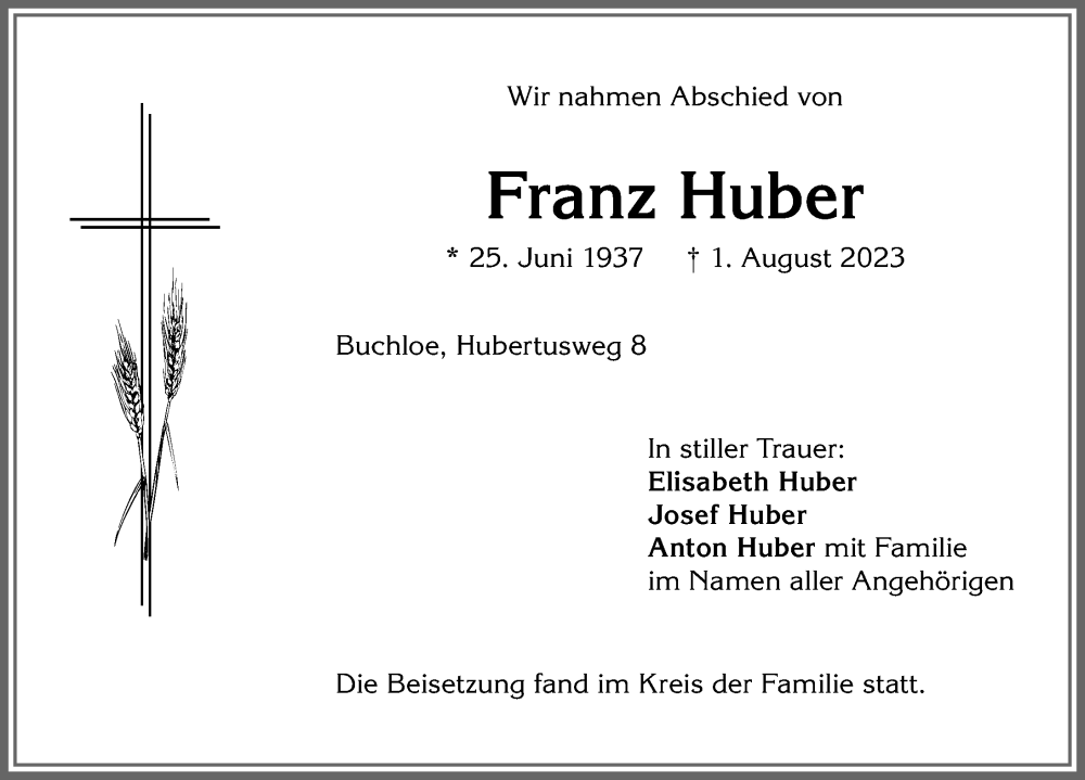 Traueranzeige von Franz Huber von Allgäuer Zeitung, Kaufbeuren/Buchloe