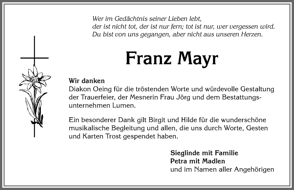 Traueranzeige von Franz Mayr von Allgäuer Anzeigeblatt