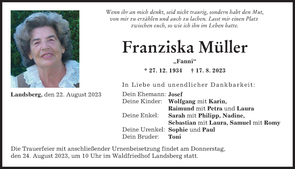 Traueranzeige von Franziska Müller von Augsburger Allgemeine, Landsberger Tagblatt