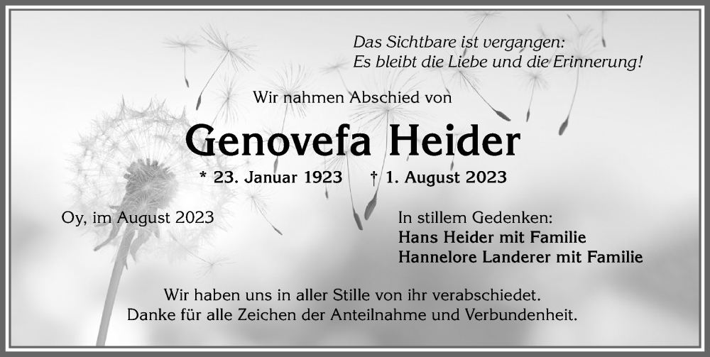 Traueranzeige von Genovefa Heider von Allgäuer Zeitung,Kempten