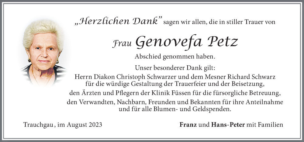 Traueranzeige von Genovefa Petz von Allgäuer Zeitung, Füssen