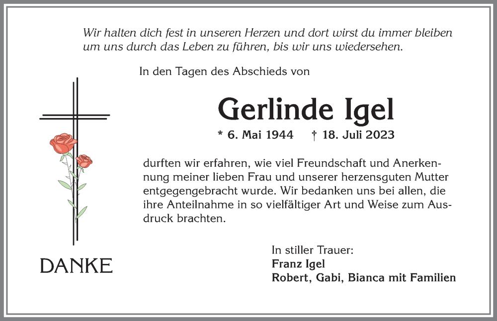 Traueranzeige von Gerlinde Igel von Allgäuer Zeitung, Kaufbeuren/Buchloe