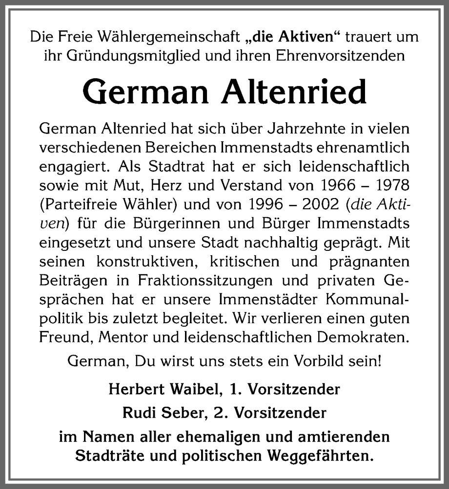 Traueranzeige von German Altenried von Allgäuer Anzeigeblatt