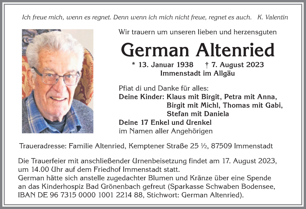 Traueranzeige von German Altenried von Allgäuer Zeitung,Kempten