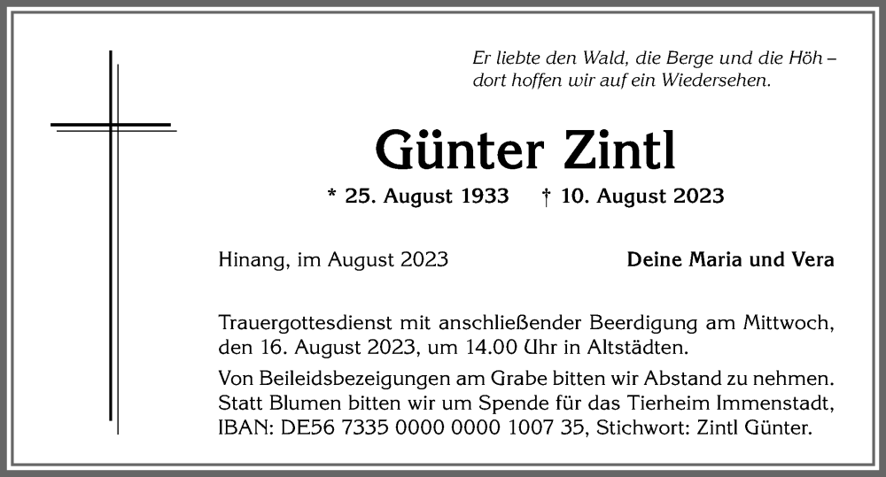 Traueranzeige von Günter Zintl von Allgäuer Anzeigeblatt