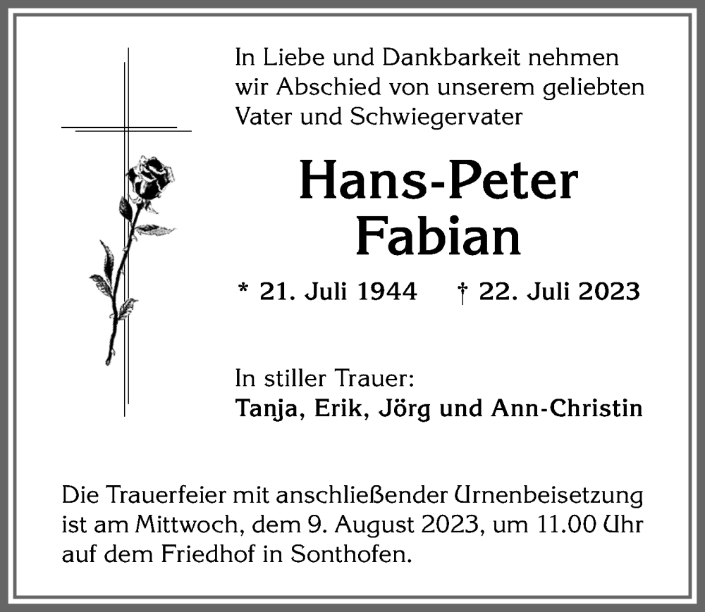 Traueranzeigen von Hans-Peter Fabian | Augsburger Allgemeine Zeitung