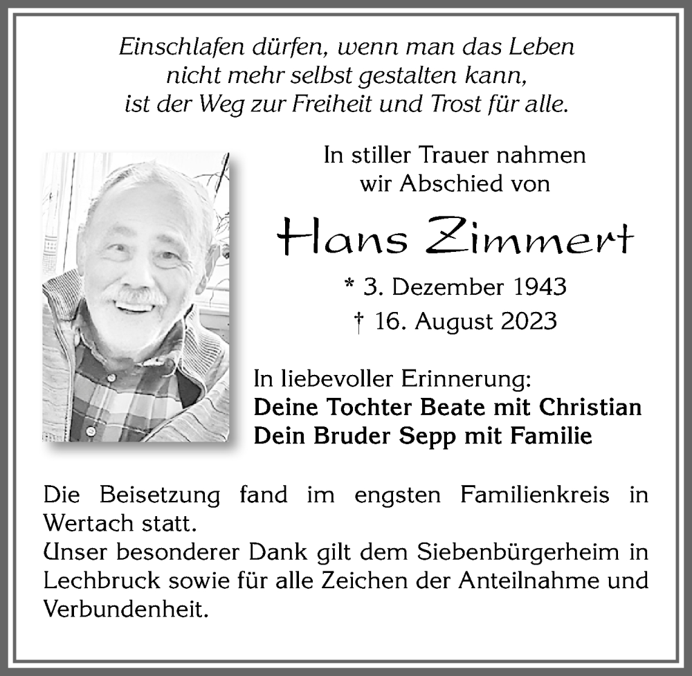 Traueranzeige von Hans Zimmert von Allgäuer Zeitung, Füssen