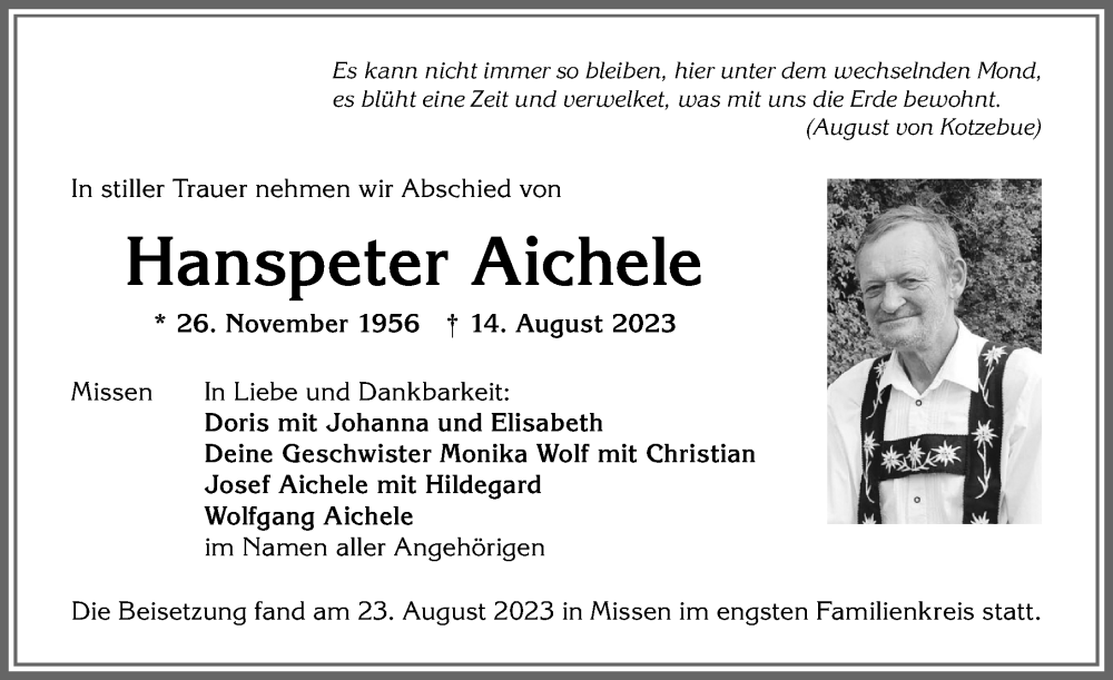 Traueranzeige von Hanspeter Aichele von Allgäuer Anzeigeblatt