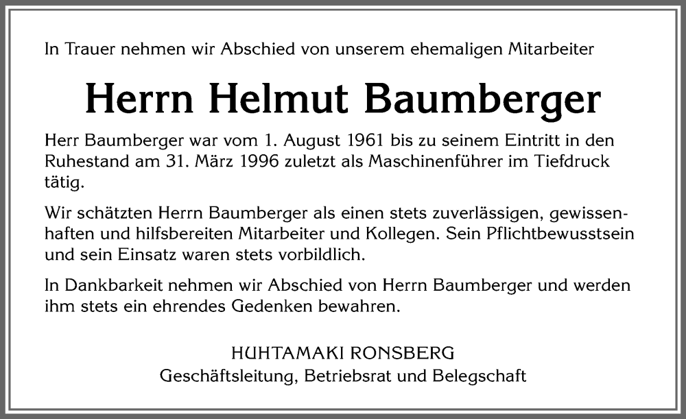 Traueranzeige von Helmut Baumberger von Allgäuer Zeitung, Marktoberdorf