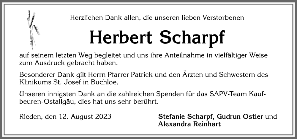 Traueranzeige von Herbert Scharpf von Allgäuer Zeitung, Kaufbeuren/Buchloe