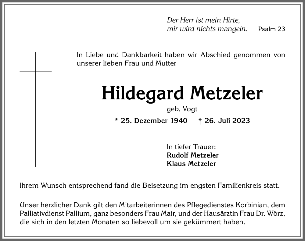 Traueranzeige von Hildegard Metzeler von Memminger Zeitung