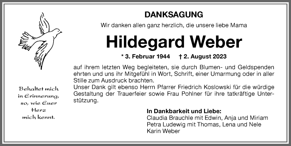 Traueranzeige von Hildegard Weber von Memminger Zeitung