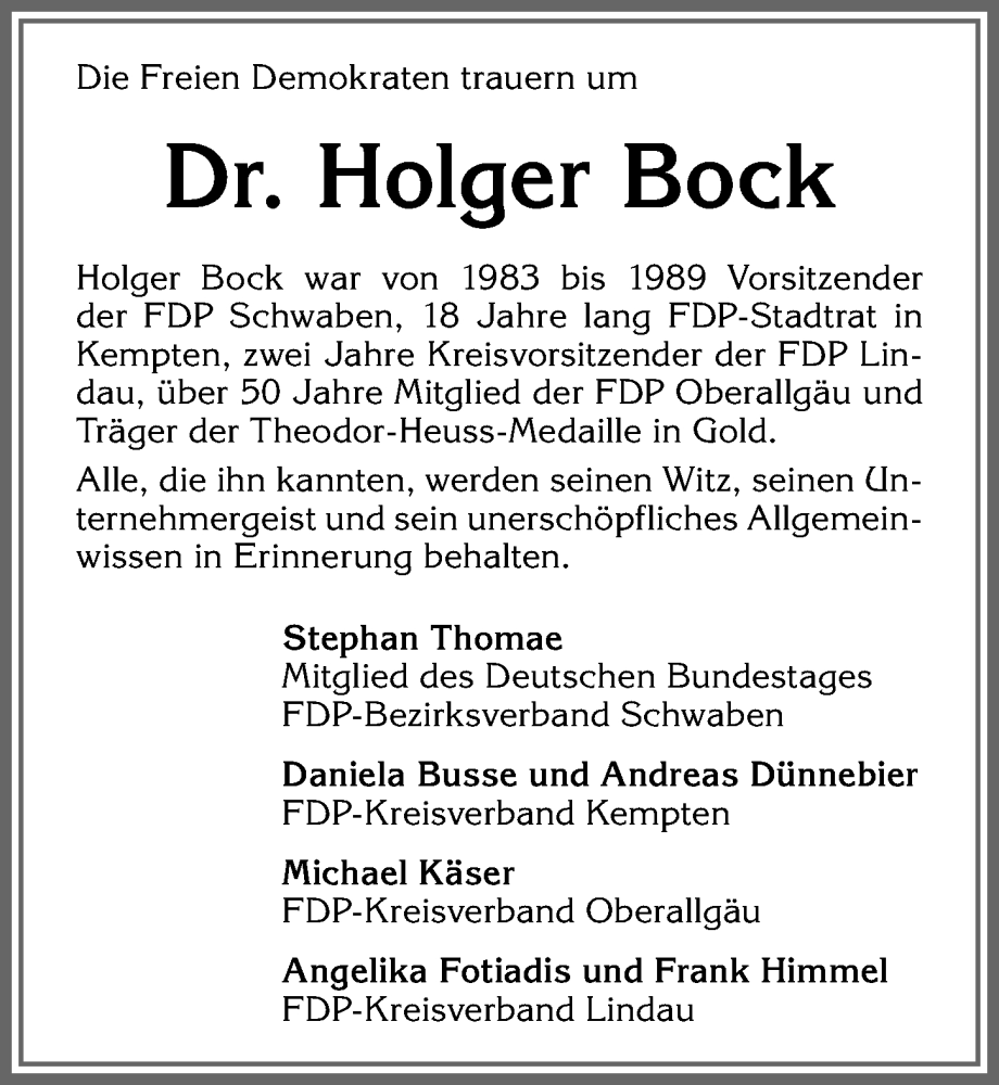 Traueranzeige von Holger Bock von Der Westallgäuer