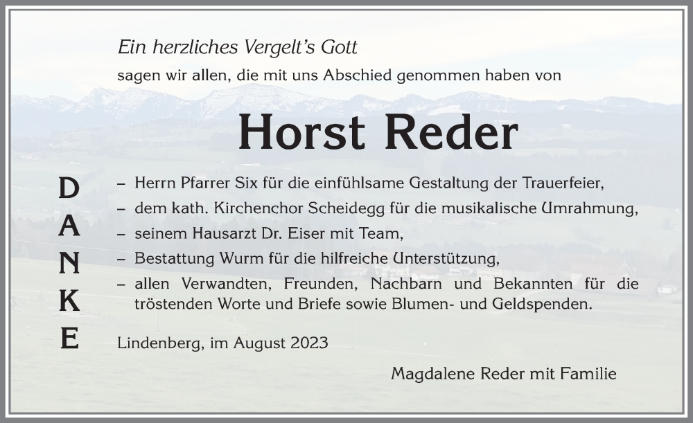 Traueranzeige von Horst Reder von Allgäuer Anzeigeblatt