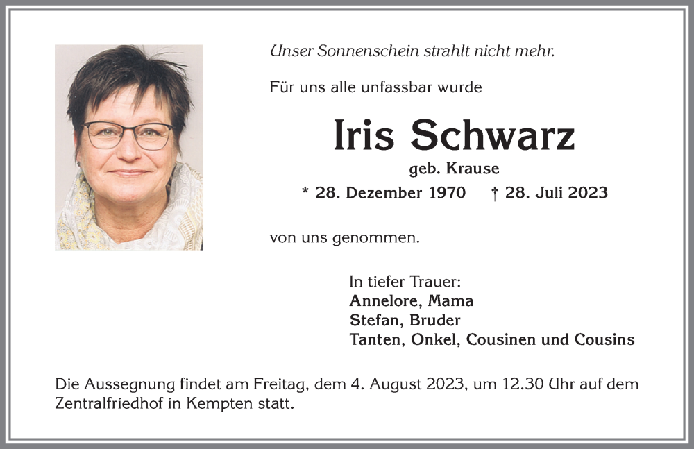 Traueranzeige von Iris Schwarz von Allgäuer Anzeigeblatt