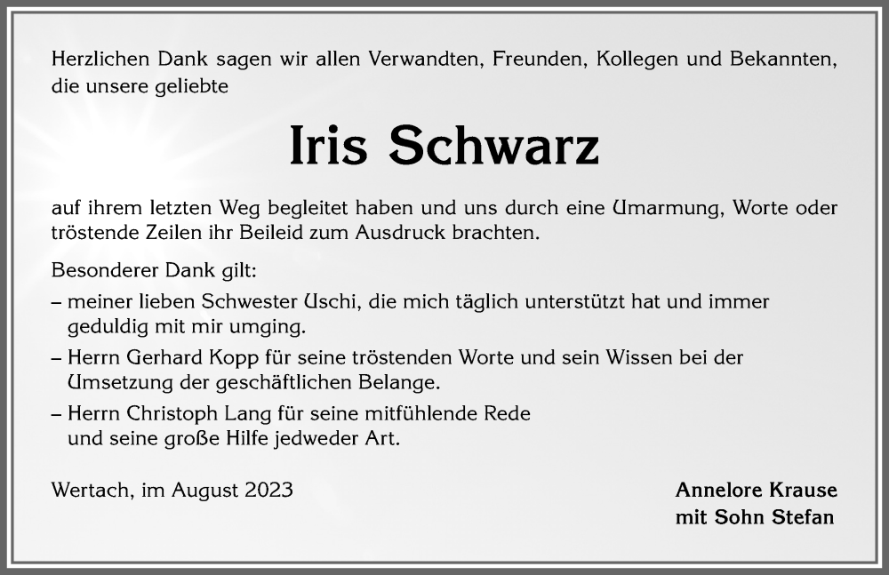 Traueranzeige von Iris Schwarz von Allgäuer Zeitung,Kempten