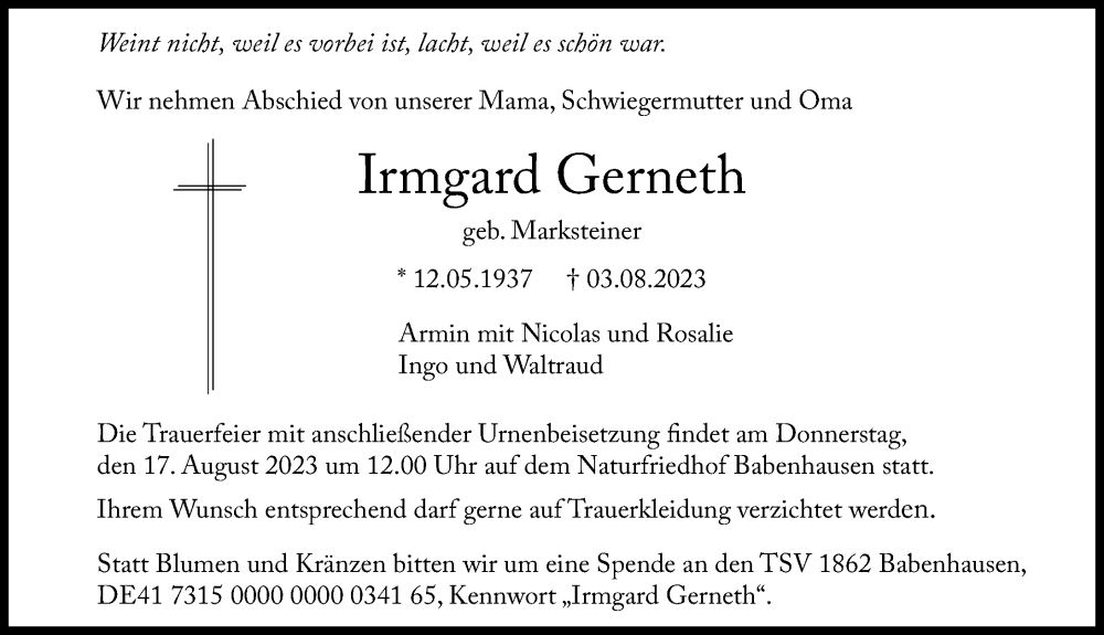 Traueranzeige von Irmgard Gerneth von Augsburger Allgemeine, Mindelheimer Zeitung, Illertisser Zeitung