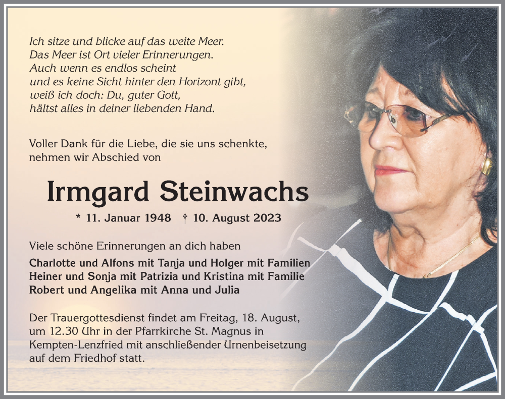 Traueranzeige von Irmgard Steinwachs von Allgäuer Zeitung,Kempten