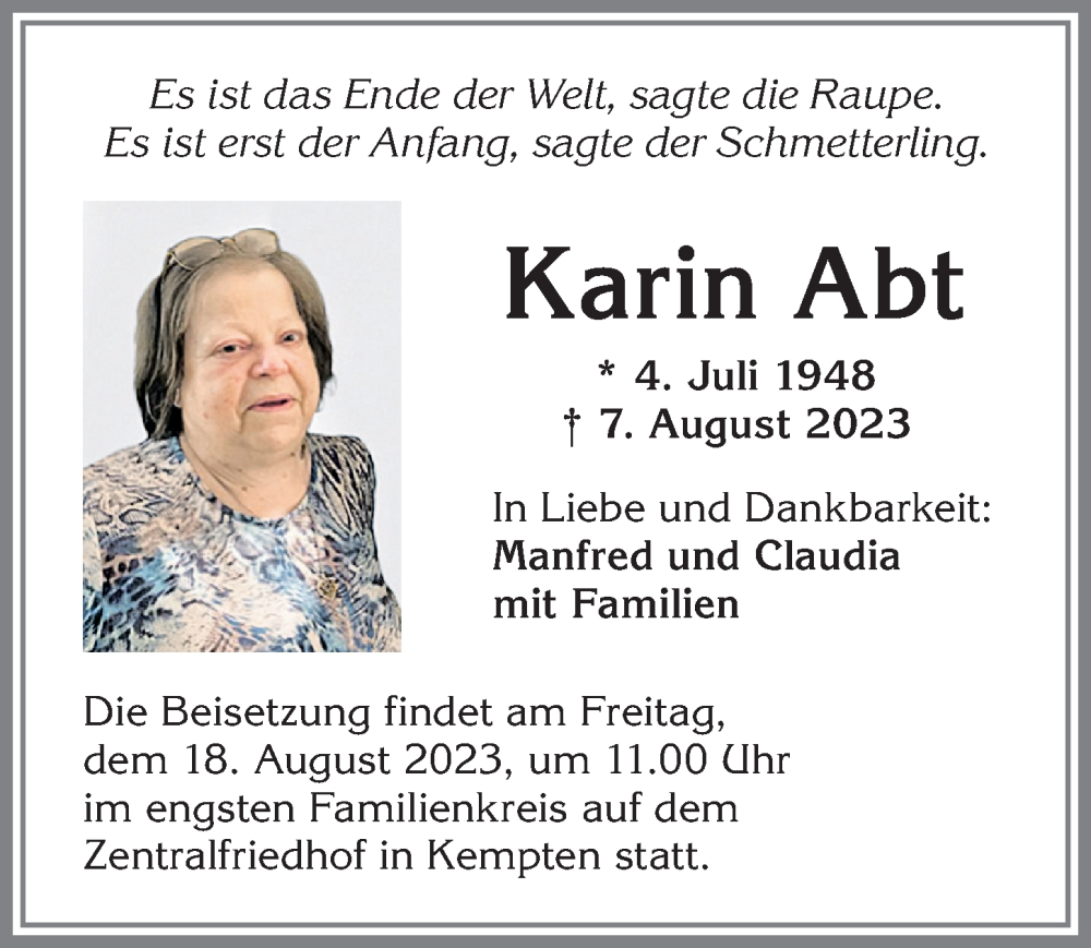 Traueranzeige von Karin Abt von Allgäuer Zeitung,Kempten