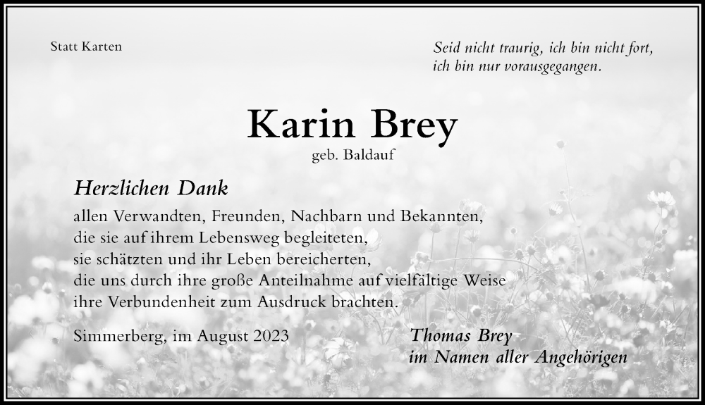 Traueranzeige von Karin Brey von Der Westallgäuer