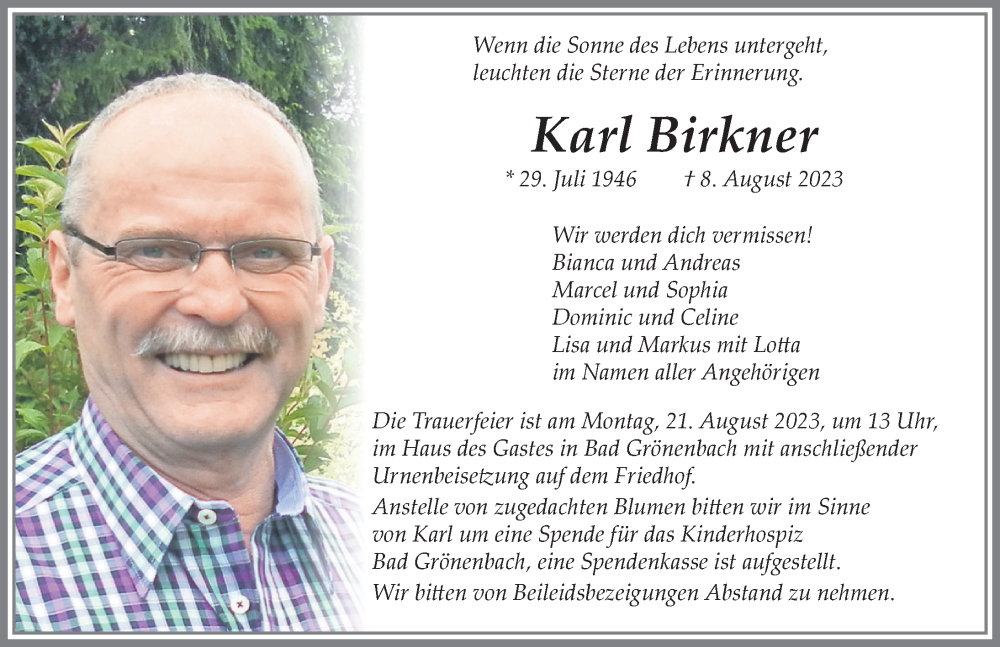 Traueranzeige von Karl Birkner von Memminger Zeitung